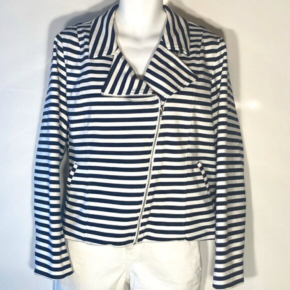 Lane Bryant SZ24 Navy & White stripe moto jacket Nautical Sailor Coastal Preppy - Picture 1 of 12